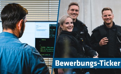 Ein Kollege vor dem Computerarbeitsplatz und ein Team aus Polizisten und einer Polizistin in Uniformen: Das Team der Polizei Sachsen freut sich über deine Bewerbung.