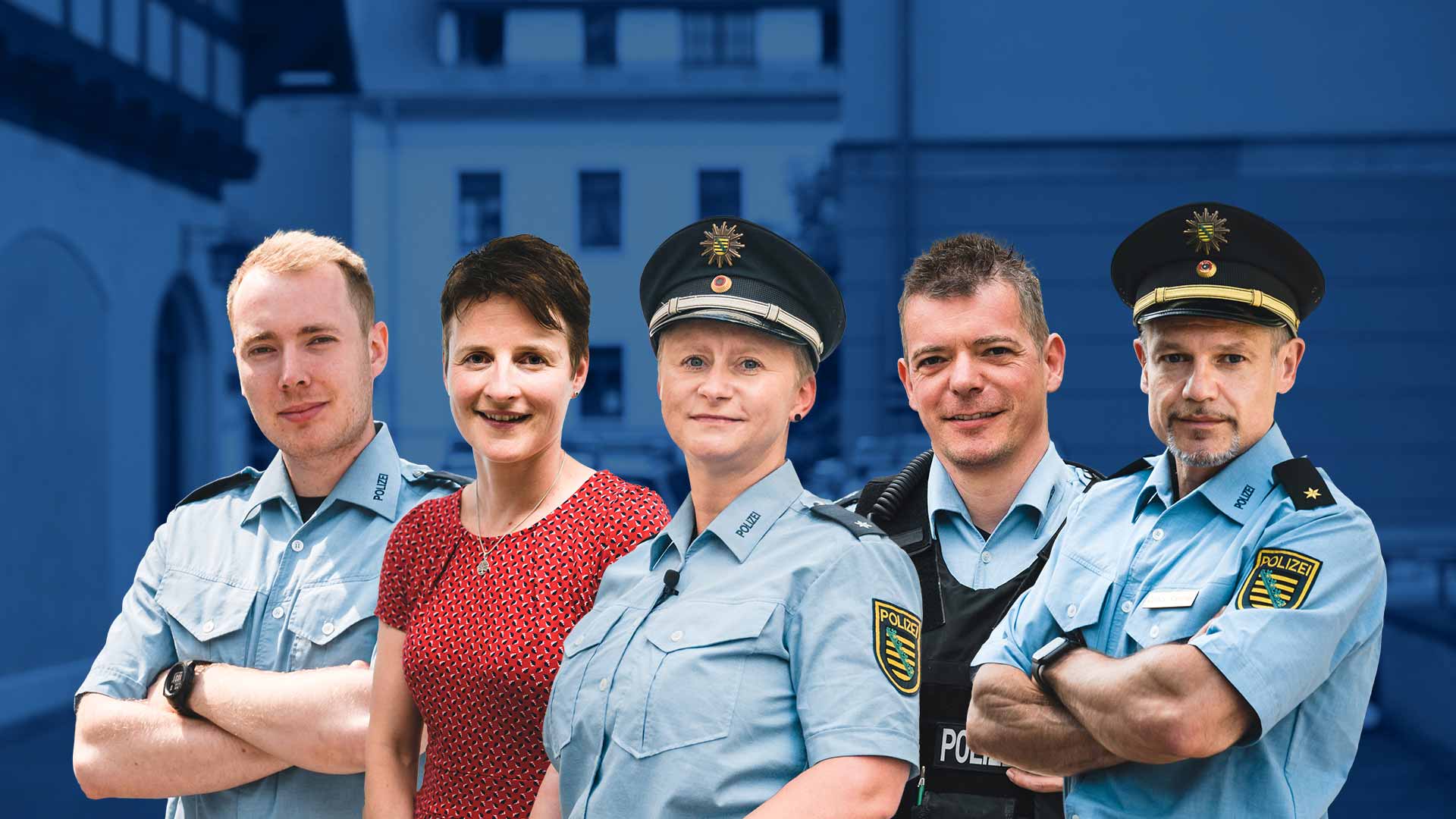 Das Bild zeigt eine Collage mit fünf Polizistinnen und Polizisten des Polizeireviers Pirna.